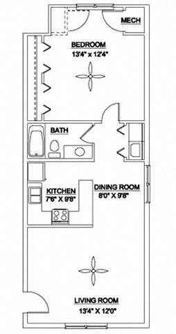 Floor plan for 1 bed, 1 bath, 760 sqft